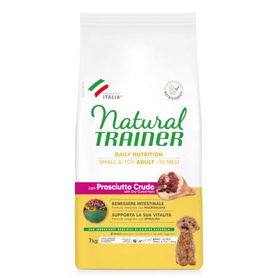 Sac Natural Trainer Daily Nutrition Small & Toy Adult >10 mesi, 7 kg, con Prosciutto Crudo. Texte visible : bien-être intestinal, vitalité, ingrédients d’origine naturelle, sans colorants ni sucres ajoutés.