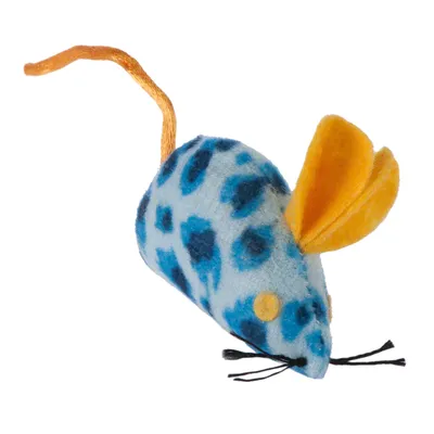 Leksaksmus av tyg med blått leopardmönster, gula öron och orange svans.