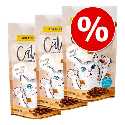 Three packs of Cat Yummmmee with Poultry, Crunchy 'n' smooth!, less than 2 kcal per snack, 65g each. Large red percentage discount symbol in top right corner.