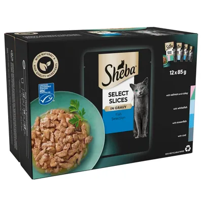 Sheba Select Slices in Gravy Fish Selection, 12 x 85g. Includes salmon and coley, whitefish, oceanfish, cod. MSC certified sustainable seafood. High quality ingredients.