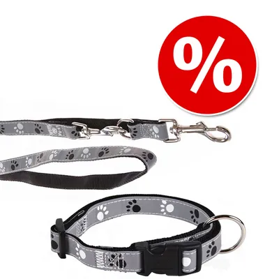 Ensemble laisse et collier gris à motifs pattes, boucle en plastique noir et anneau métallique, symbole pourcentage blanc sur fond rouge indiquant une offre ou promotion visible.
