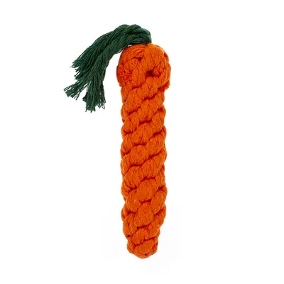 Geflochtenes Spielzeug in Karottenform aus orangefarbenem und grünem Seilmaterial.