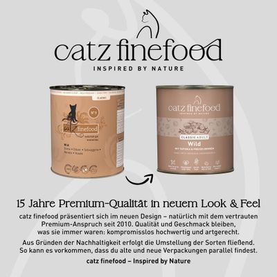 catz finefood Classic Adult Wild: altes und neues Verpackungsdesign, Hinweis auf nachhaltige Umstellung und gleichbleibende Premium-Qualität seit 2010.