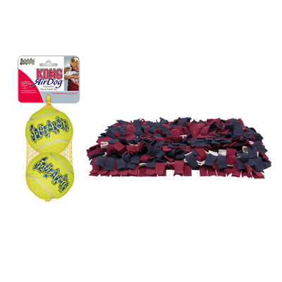 Lot de 3 balles KONG AirDog en filet, logo Squeak, et tapis à fouille en tissu bordeaux et bleu marine. Symbole pourcentage blanc sur fond rouge indiquant une offre promotionnelle.