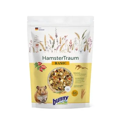 Verpakking Bunny HamsterTraum Basic, afbeelding van gemengd hamstervoer, hamster, 46, zichtbaar merk en productnaam, Duitse vlag met tekst 'Made in Germany'. Verpakking Bunny HamsterTraum Basic, afbeelding van gemengd hamstervoer, hamster, 46, zichtbaar merk en productnaam, Duitse vlag met tekst 'Made in Germany'.
