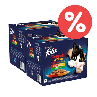 Purina Felix Doppelt Lecker Delicious Duos, 24er-Pack Nassfutter für Katzen, Geschmacksrichtungen in Gelee und in Öl. Prozentzeichen für Rabattaktion. Purina Felix Doppelt Lecker Delicious Duos, 24er-Pack Nassfutter für Katzen, Geschmacksrichtungen in Gelee und in Öl. Prozentzeichen für Rabattaktion.