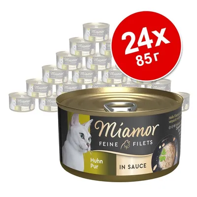 Комплект 24 консерви Miamor Feine Filets In Sauce, Huhn Pur, по 85 г. Видима котка и изображение на месо в сос върху етикета. Комплект 24 консерви Miamor Feine Filets In Sauce, Huhn Pur, по 85 г. Видима котка и изображение на месо в сос върху етикета.