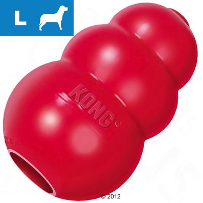 Czerwona zabawka KONG z widocznym napisem, rozmiar L oznaczony ikoną psa i literą L na niebieskim tle w lewym górnym rogu.
