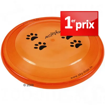 Disque orange Dog Activity avec empreintes noires, texte www.sky-dogs.de. Badge rouge 1er prix en haut à droite.