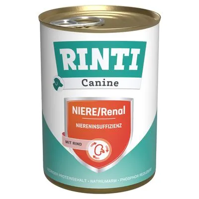 RINTI Canine NIERE/Renal Niereninsuffizienz mit rund. Lager met verminderde eiwitgehalte, natriumarm, fosfor gereduceerd. Tekst deels in het Duits.