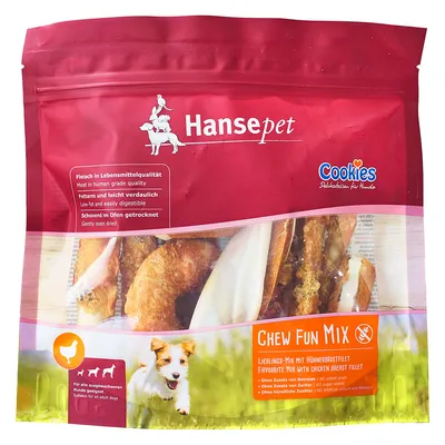 Hansepet Cookies Chew Fun Mix. Najljubša mešanica s piščančjimi prsnimi fileji, z malo maščobe, lahko prebavljiva, brez sladkorja, brez umetnih dodatkov, primerna za vse odrasle pse.