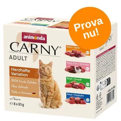 animonda Carny Adult Herzhafte Variation, 8 x 85 g. Smakvarianter: Rind + Huhn, Rind + Pute + Shrimps, Rind + Strauß, Rind + Perlhuhn. Orange cirkel med texten Prova nu!