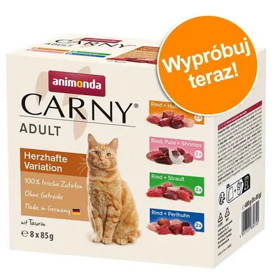 Animonda Carny Adult Herzhafte Variation, 8 x 85 g. Smaki: wołowina z kurczakiem, indyk z krewetkami, wołowina ze strusiem, wołowina z perliczką. Bez zbóż. Wypróbuj teraz!