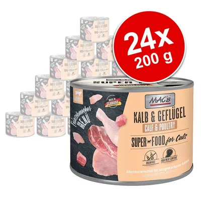 MAC's Kalb & Geflügel Super Food for Cats, 24 puszki po 200 g. Widoczne oznaczenia: bez zbóż, wysoka zawartość mięsa, Made in Germany, dla dorosłych kotów.