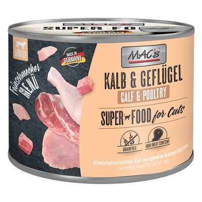 MAC's Borjú & Baromfi, Szuper Étel Macskáknak, gabonamentes, magas hústartalommal, teljes értékű eledel felnőtt macskák számára, Németországban készült.