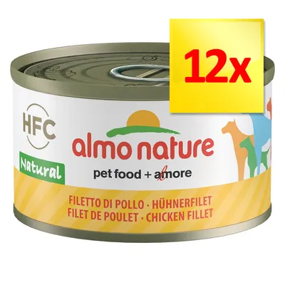 Lot de 12 boîtes Almo Nature HFC Natural filet de poulet, texte visible : pet food + amore, FILET DE POULET, Chicken Fillet, HFC, Natural.