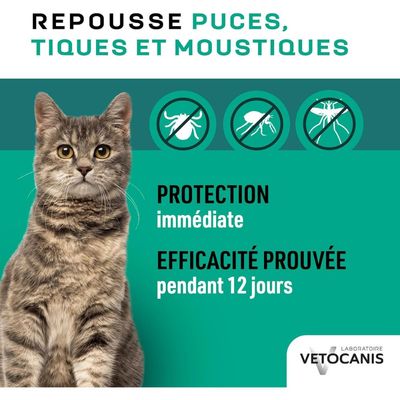 Vetocanis Spray antiparasitaire, formulé sous contrôle vétérinaire. Protection contre tiques, puces et moustiques pendant 12 jours. Contenance : 250 ml, fabriqué en France.