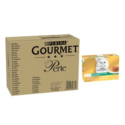 Purina Gourmet Gold Succulent Delights, 96 x 85 g, warianty: kurczak, wołowina, łosoś, ryba morska.