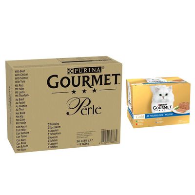 Emballage Purina Gourmet Perle, 96 x 85 g, variétés visibles : saumon et poisson blanc, sardine et thon, saumon et colin, poisson de l’océan et thon. Poids net 8160 g.