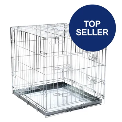 Metallkäfig mit Gitterwänden und herausnehmbarer Bodenwanne. Blauer Kreis mit Text 'Top Seller'.