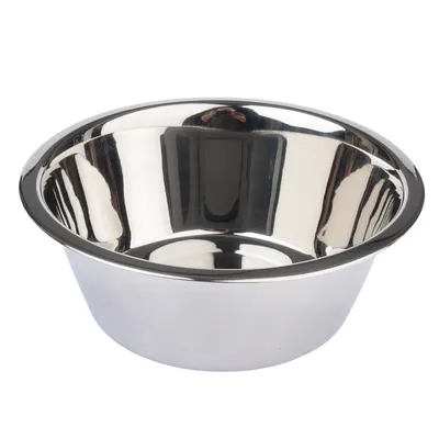 Comedero de acero inoxidable con superficie brillante, forma redonda y borde elevado.