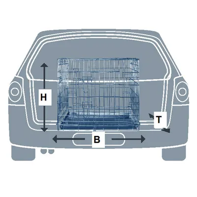 Drahtbox im Kofferraum eines Autos, mit Maßangaben: H für Höhe, B für Breite, T für Tiefe der Box.