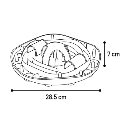 Diagram af et rundt produkt med en højde på 7 cm og en diameter på 28,5 cm. Indvendig struktur viser flere buede og lige elementer.