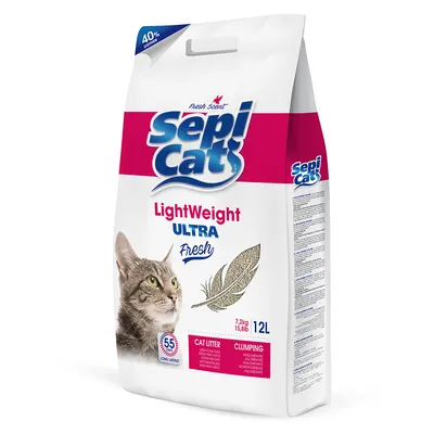 Sepicat LightWeight Ultra Fresh clumping cat litter, 7.2kg, 12L, with fresh scent and long-lasting effect. Packaging shows a cat and a feather as a symbol of lightness. Sepicat LightWeight Ultra Fresh clumping cat litter, 7.2kg, 12L, with fresh scent and long-lasting effect. Packaging shows a cat and a feather as a symbol of lightness.