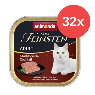 Animonda Vom Feinsten Adult Multifleisch-Cocktail, 32x Portionen. Abgebildet: weisse Katze und Fleischstück auf schwarzem Teller.
