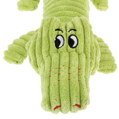 Giocattolo in peluche verde a forma di coccodrillo con occhi ricamati e dettagli rossi. Adatto agli pet per giocare o coccolare.