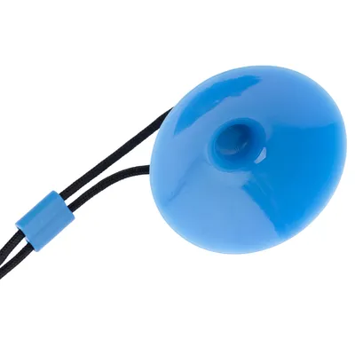 Blue plastic toy with elastic black strap and adjustable fastener.