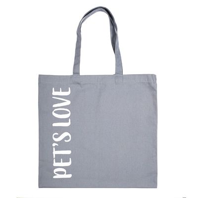 Borsa in tessuto grigio con manici e scritta bianca verticale: PET'S LOVE.