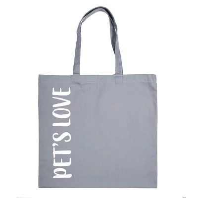 Borsa in tessuto grigio con manici e scritta bianca verticale: PET'S LOVE.