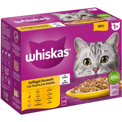 Whiskas selecție de carne de pasăre în aspic, 12 plicuri porționate. Sortimente: pui, rață, curcan. Pentru pisici de la 1 an. Ingrediente 100% echilibrate.