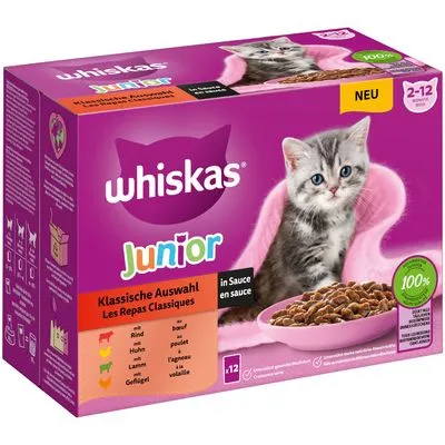 Whiskas Junior kattenvoer, klassieke selectie in saus, 12 porties. Voor kittens van 2–12 maanden. Smaken: rund, kip, lam, gevogelte. 100% complete voeding. Tekst deels in het Duits en Frans.