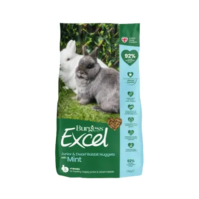 Burgess Excel Junior & Dwarf Rabbit Nuggets with Mint -pussi, 1,5 kg. Teksti: 92 % kokoviljapohja, dental health, +1 weeks for healthy happy junior & dwarf rabbits.
