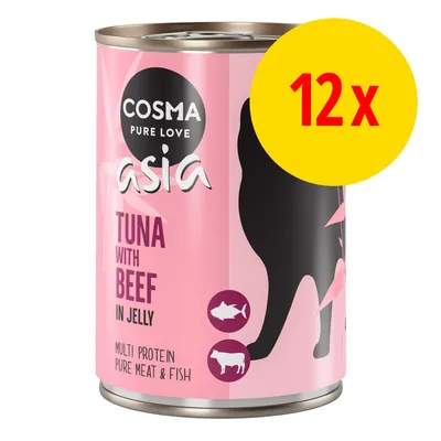 COSMA Pure Love asia, Tuna with Beef in Jelly, Multi Protein Pure Meat & Fish, 12x Dose sichtbar