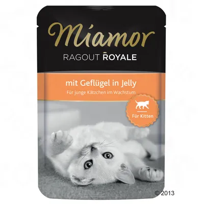 Miamor Ragout Royale mit Geflügel in Jelly, Für junge Kätzchen im Wachstum, Für Kitten. Text på tyska. Bild på kattunge på förpackningen.