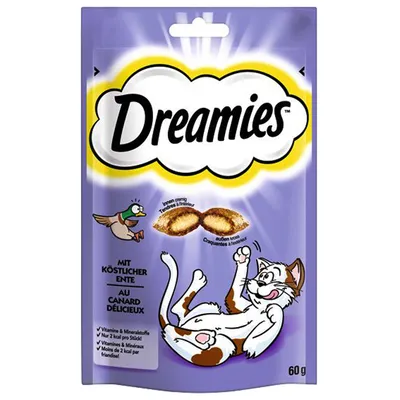 Dreamies con delicioso pato, 60g. Cubierta crujiente con relleno cremoso. Contiene vitaminas y minerales, menos de 2 kcal por pieza.