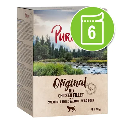 Purizon Original Mix Chicken Fillet with Salmon, Lamb & Salmon, Wild Boar macskaeledel, 6 x 70 g csomagolás látható a képen.