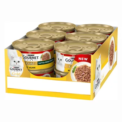 Purina Gourmet Gold cibo per gatti con pollo, strisce morbide e sottili. Confezione mostra più lattine e immagine del prodotto con strisce di carne. Nuova etichettatura.