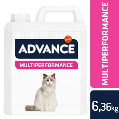 ADVANCE MULTIPERFORMANCE kattegrus, 6,36 kg beholder, billede af kat på forsiden. affinity mærke synligt.