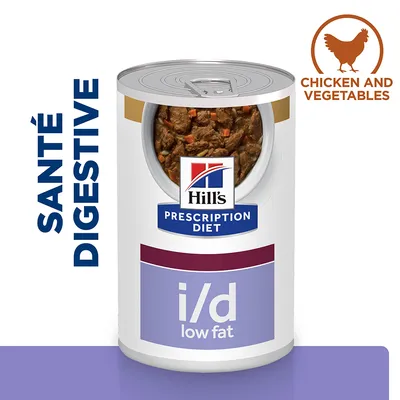 Boîte Hill's Prescription Diet i/d low fat, santé digestive, poulet et légumes, texte en anglais « chicken and vegetables » visible sur l’image.