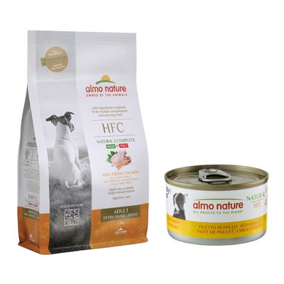Almo Nature HFC Adult Extra Small-Small, 100% fresh chicken meat, Made in Italy, natural ingredients, 1.2kg. Supports Fondazione Capellino projects.
