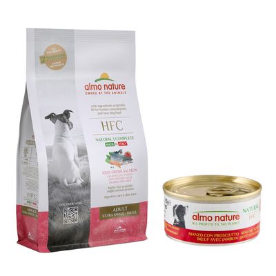 Almo Nature HFC Adult Extra Small-Small, 100% fresh chicken meat, Made in Italy, natural ingredients, 1.2kg. Supports Fondazione Capellino projects.