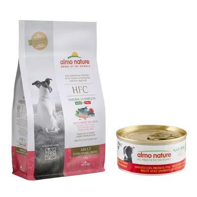 Almo Nature HFC: 1,2 кг Adult Dog XS-S + консервирана храна, 12 х 95 г на специална цена! - Сьомга (1,2 кг) + говеждо с шунка (12 х 95 г) 