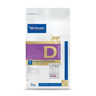 Embalagem de 3 kg de ração Virbac Cat Dermato D Dermatology Support para gatos, com texto visível: 'DERMATOLOGY SUPPORT', 'DERMATOSIS & HAIR LOSS', 'VETERINARY HPM', 'CAT ALL SIZES'.