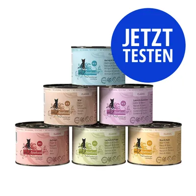 catz finefood Classic Dosen in verschiedenen Sorten, blauer Kreis mit Text 'JETZT TESTEN'