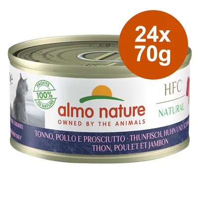 almo nature HFC Natural thon, poulet et jambon, 24x70g. Profits 100% to nature. Texte en anglais : owned by the animals.