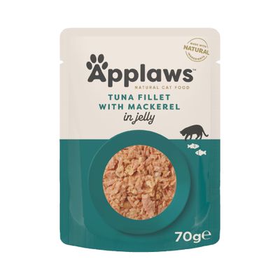 Applaws Chicken Breast with Beef in Jelly, zestaw 32 saszetek po 70 g. Widoczna zawartość opakowania i nazwa produktu na froncie.